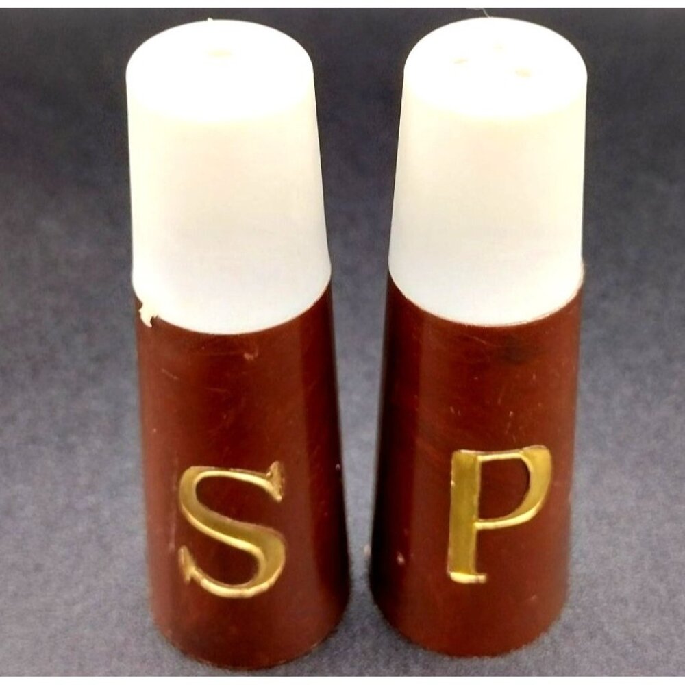 Salt Pepper Shakers MCM Brown White Gold Lettering Vintage Lazy Susan Style